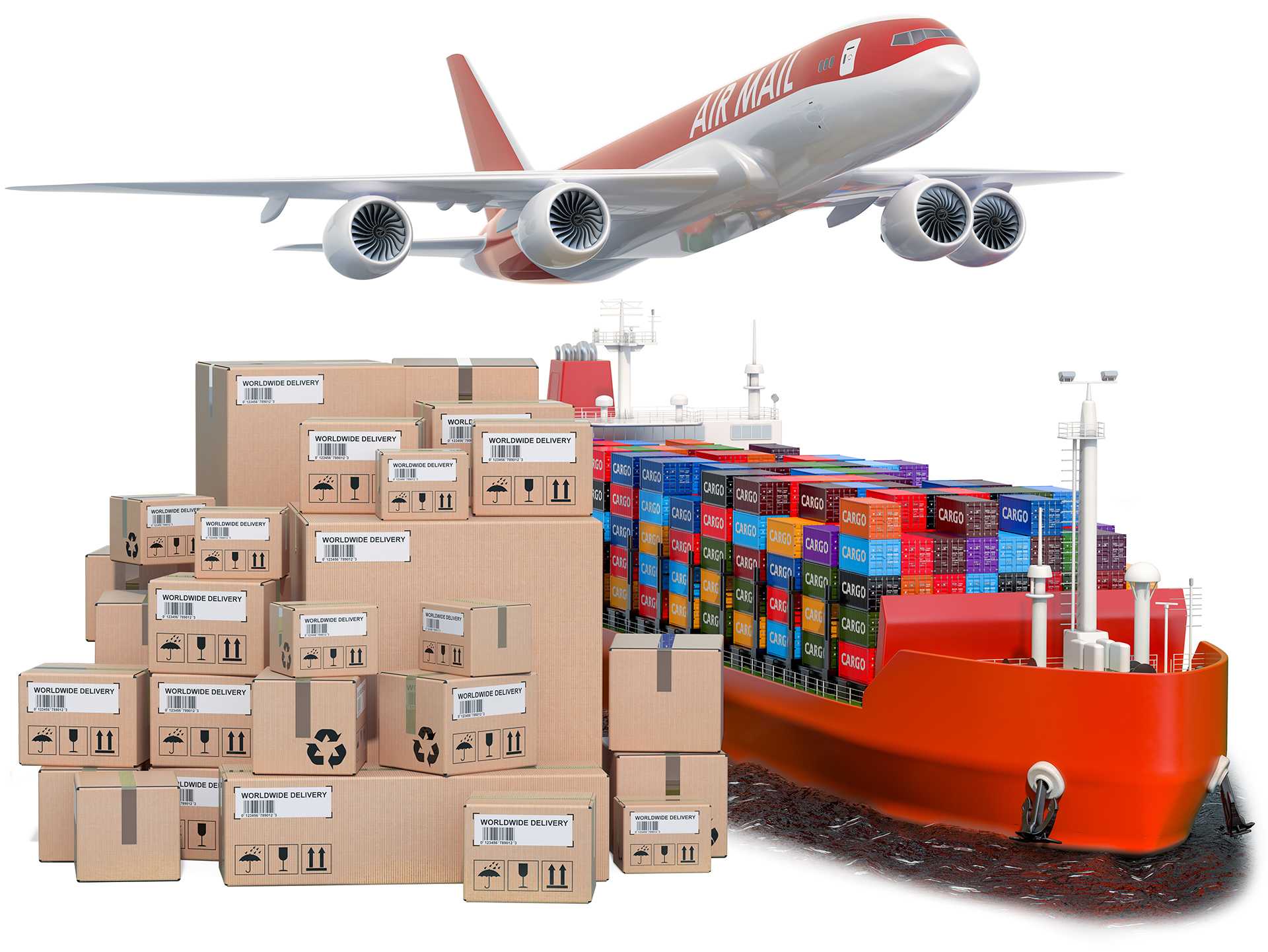 Cargo Boxes with Airplane and Container Ship